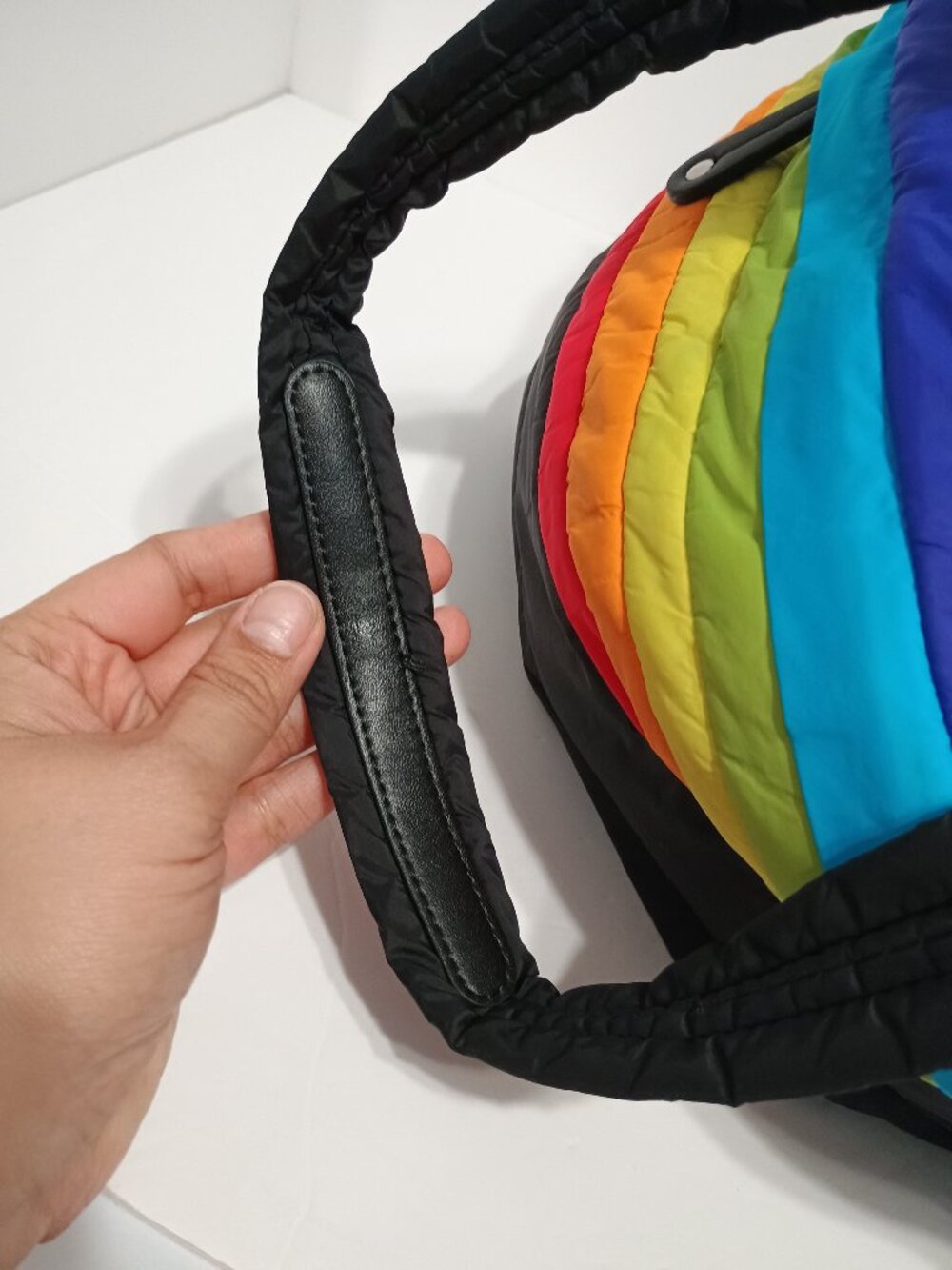 Sondra Roberts Squared Rainbow Puffer Tote Black Nylon Quilted Bag - Picture 7 of 12